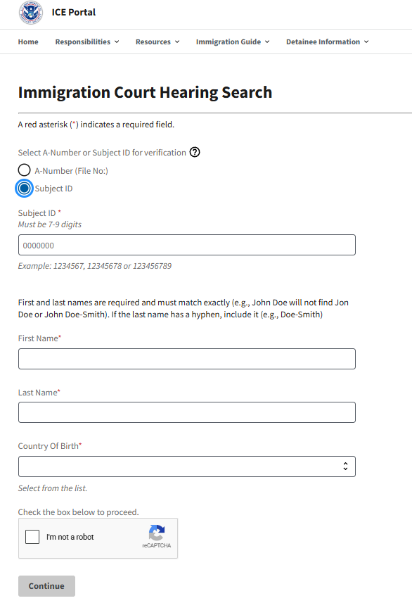 ICE Portal immigration court hearing search form with Subject ID selected