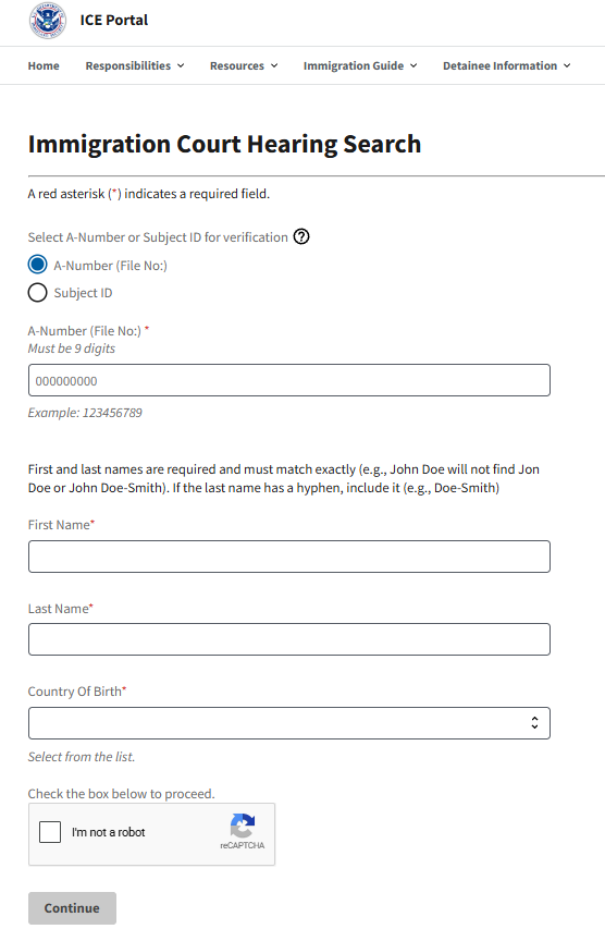 ICE Portal immigration court hearing search form with A-Number selected