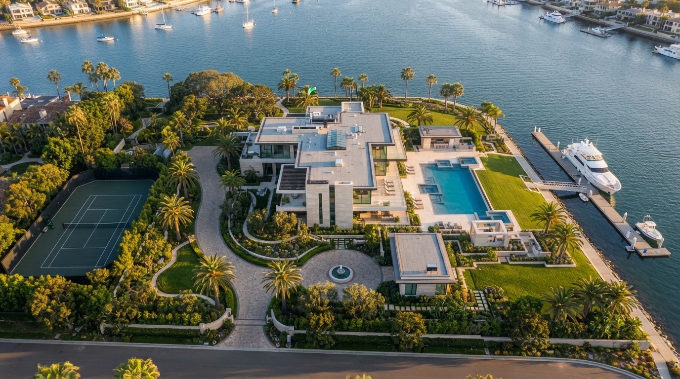 Aerial view of a luxury Newport Beach waterfront estate