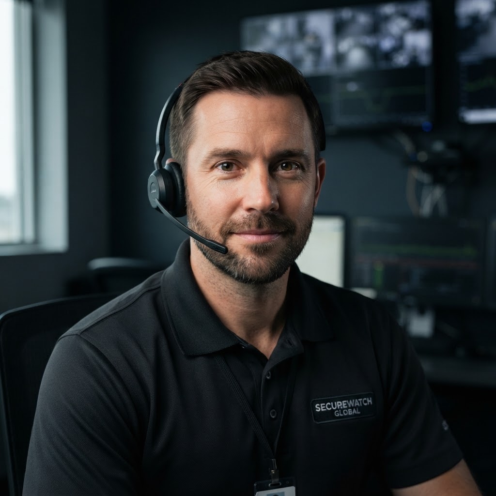 Security monitoring center operator reviewing live feed