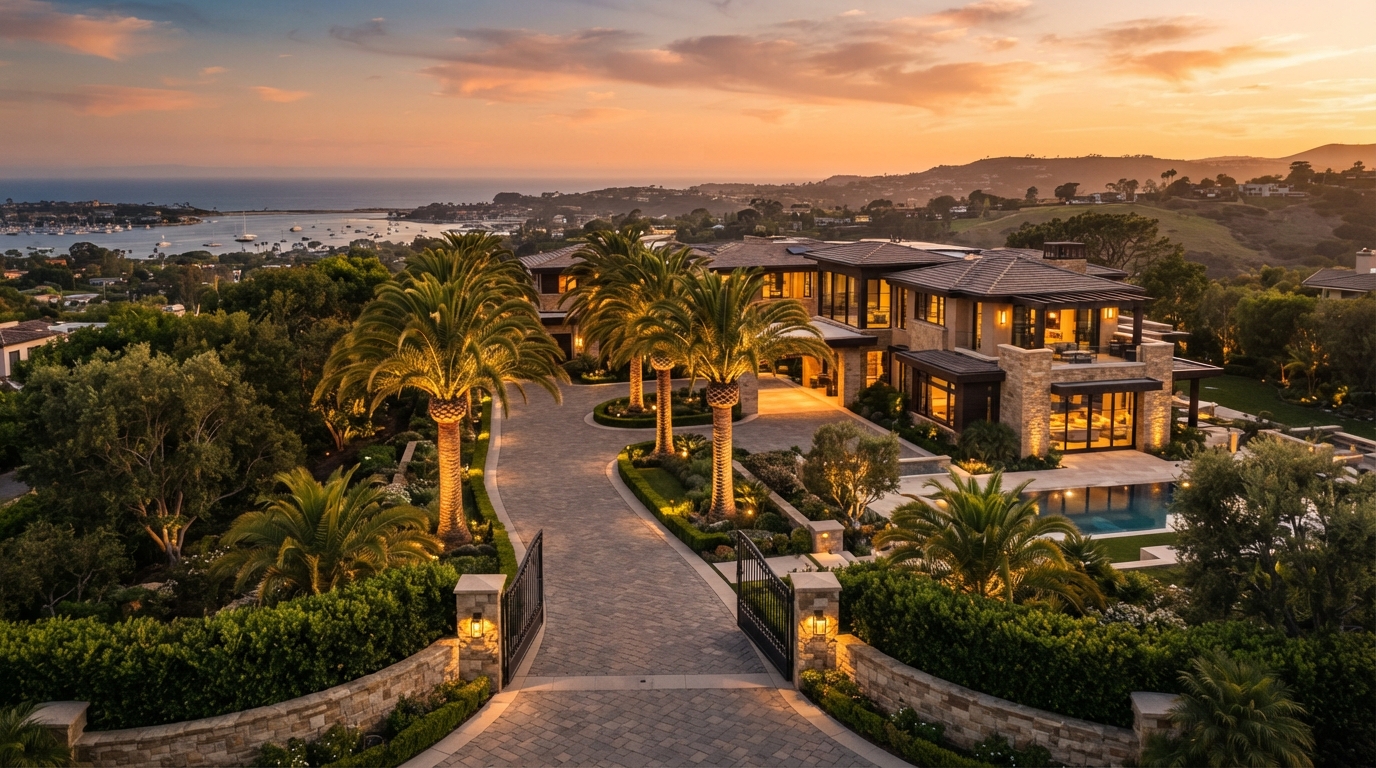 Gated luxury Newport Beach estate at golden hour with palm-lined driveway