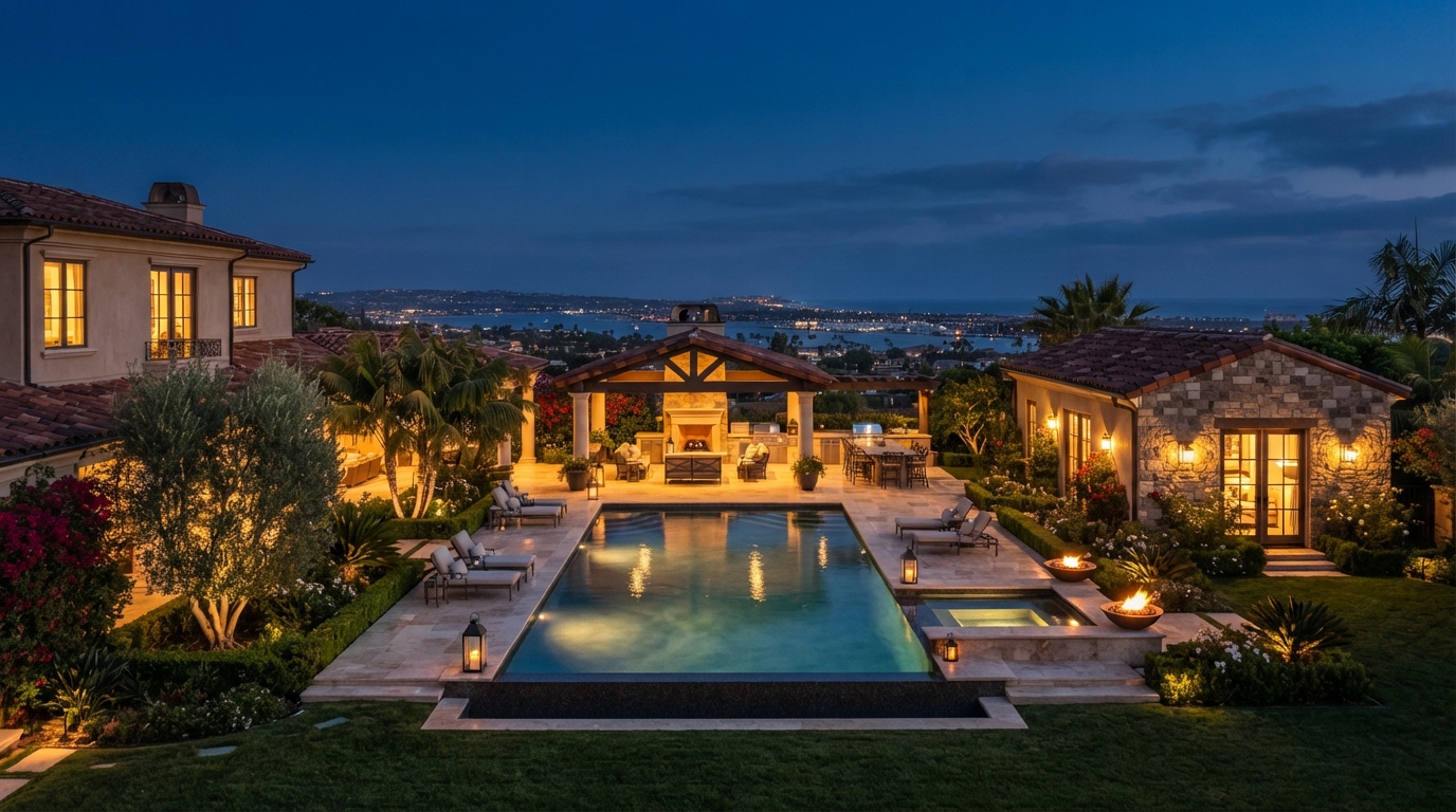 Luxury Newport Beach estate backyard with pool and detached guest house at dusk