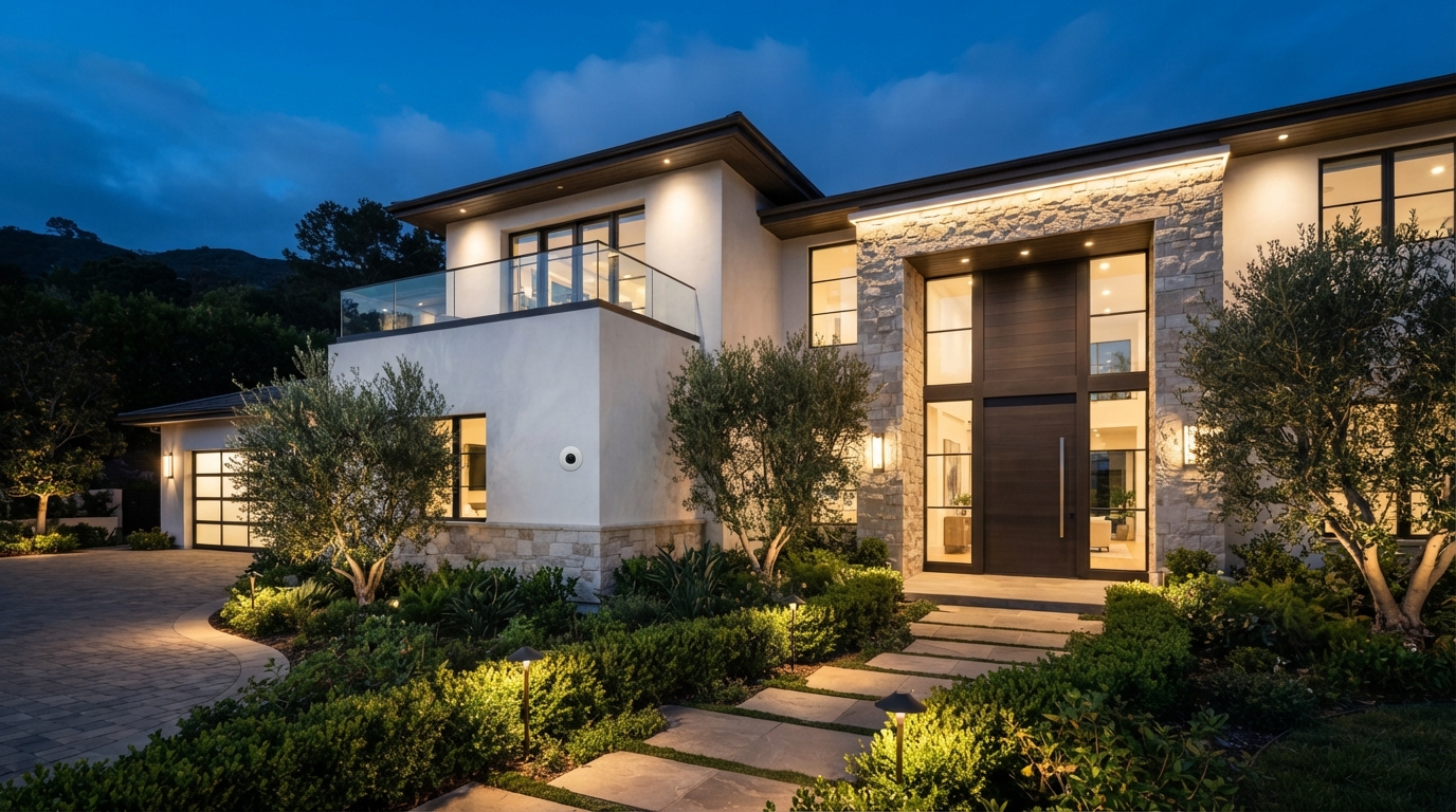 Discreet flush-mounted security camera seamlessly integrated into luxury estate stucco and stone walls at twilight
