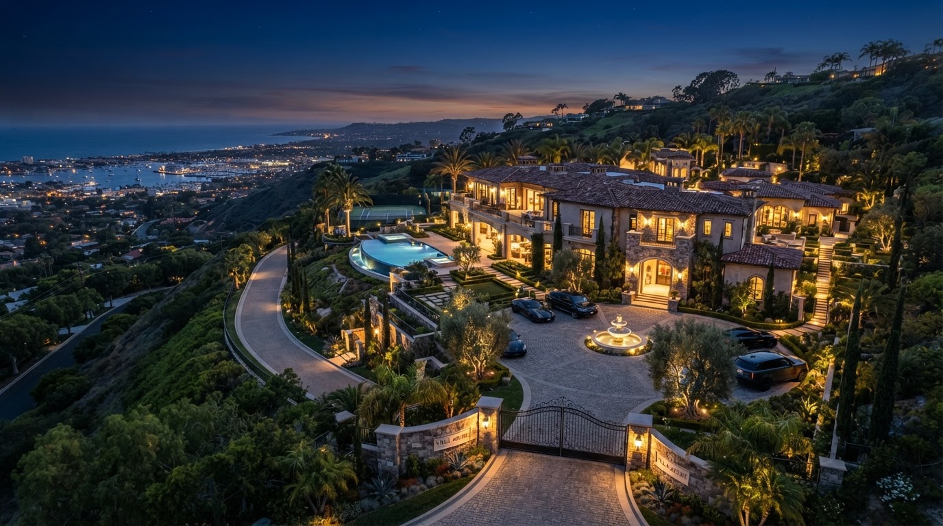 Gated hillside Newport Beach luxury estate with AI perimeter security at twilight