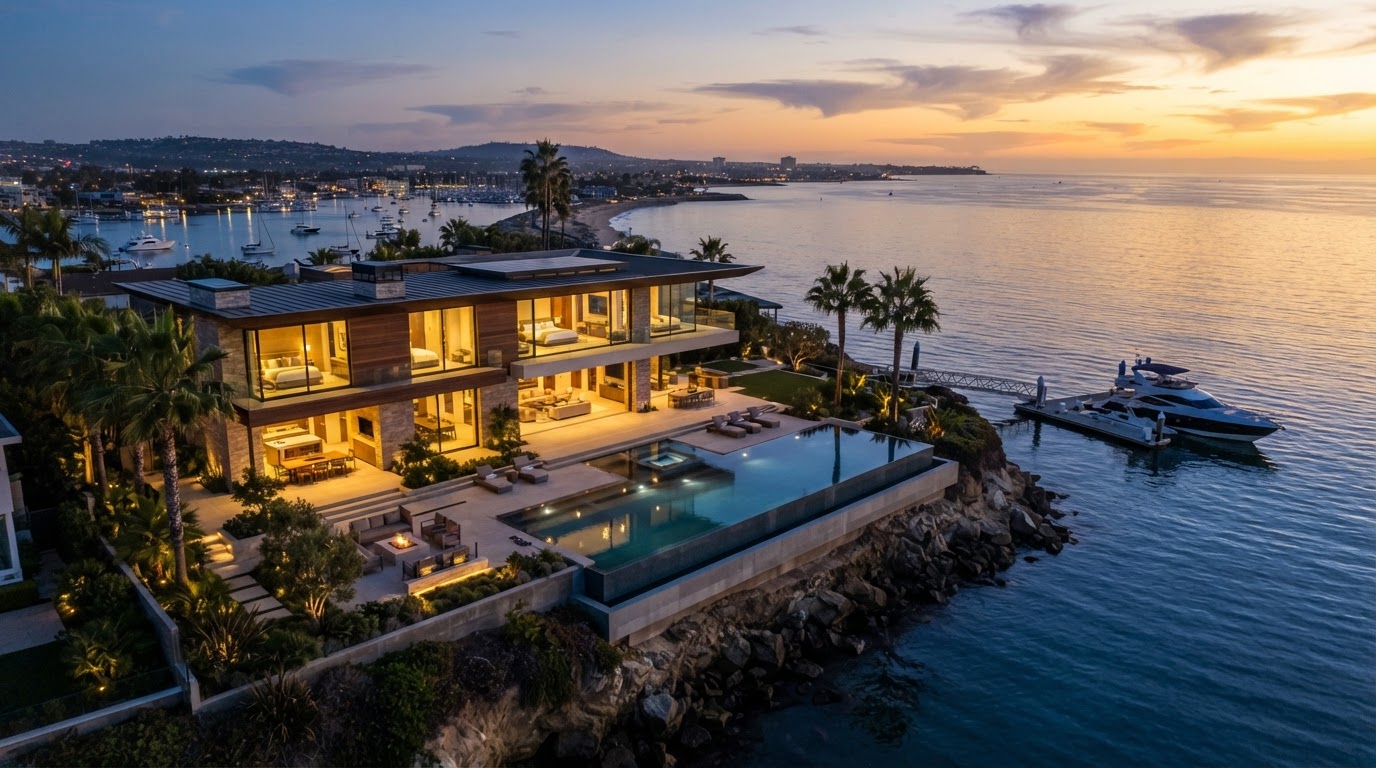 Luxury Newport Beach waterfront estate at twilight