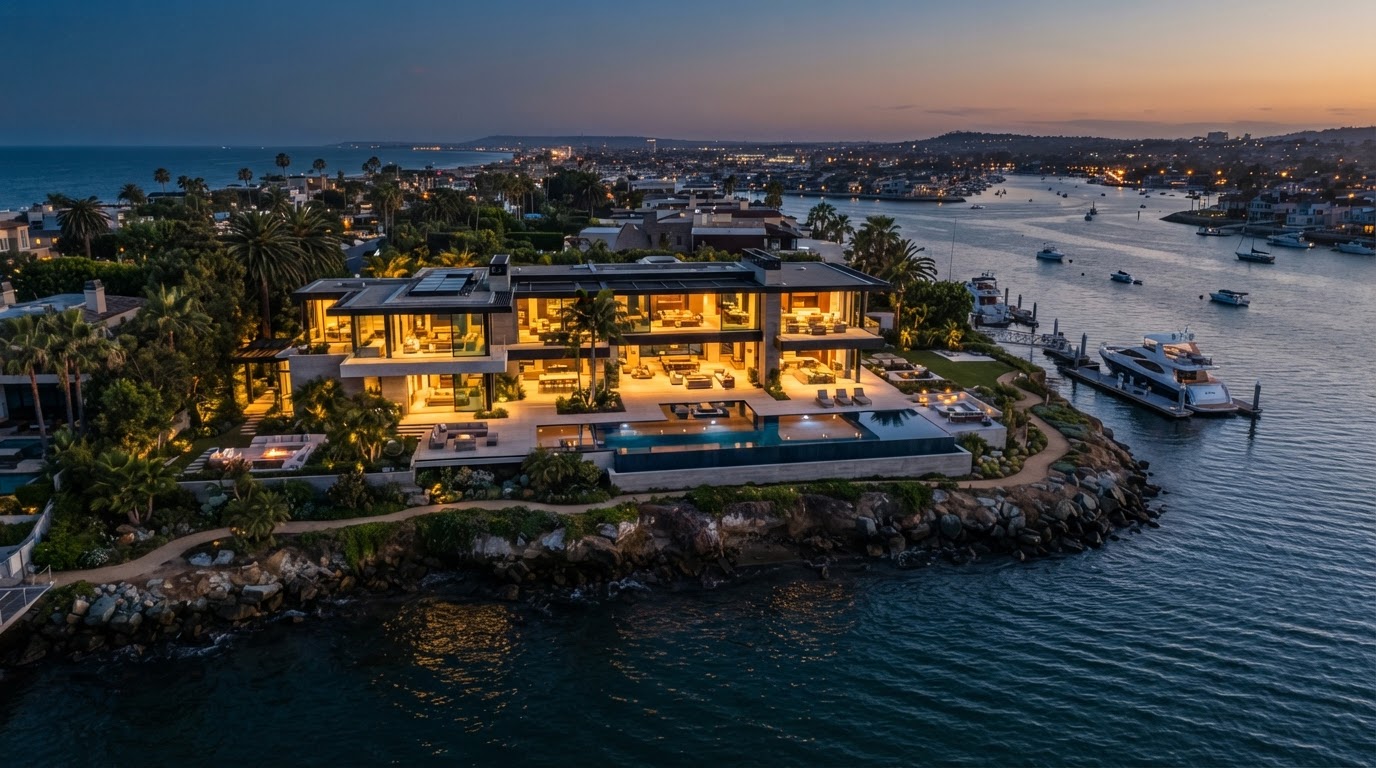 Architecturally significant Newport Beach waterfront estate at dusk with discreet perimeter security