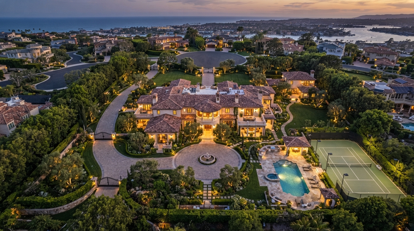 Aerial view of a Newport Beach estate at dusk