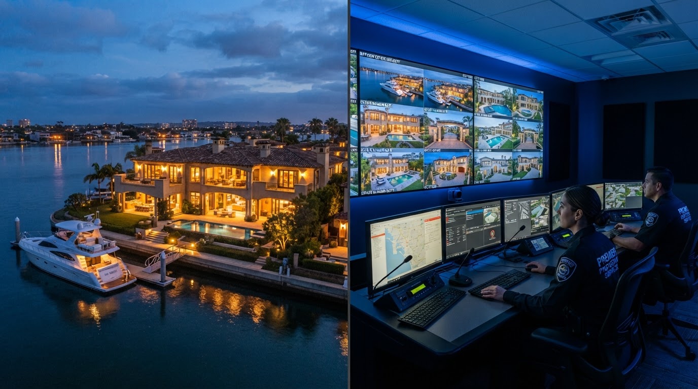 Split view of a Newport Beach estate and professional monitoring center