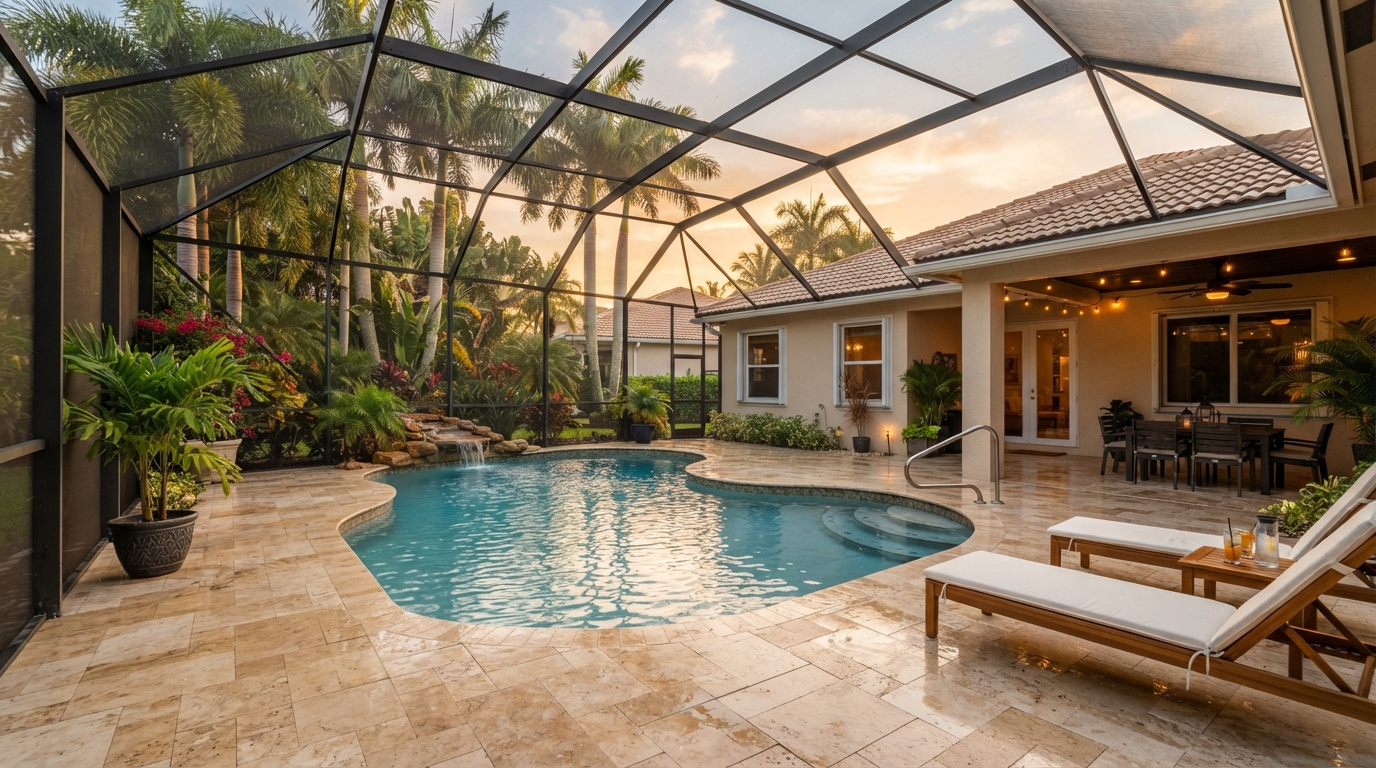 Travertine pool deck at golden hour with screened enclosure and palms in South Florida