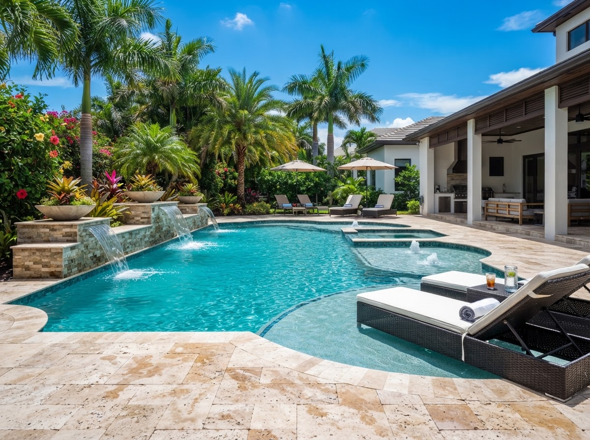 Luxury travertine pool deck in South Florida with turquoise pool and palms