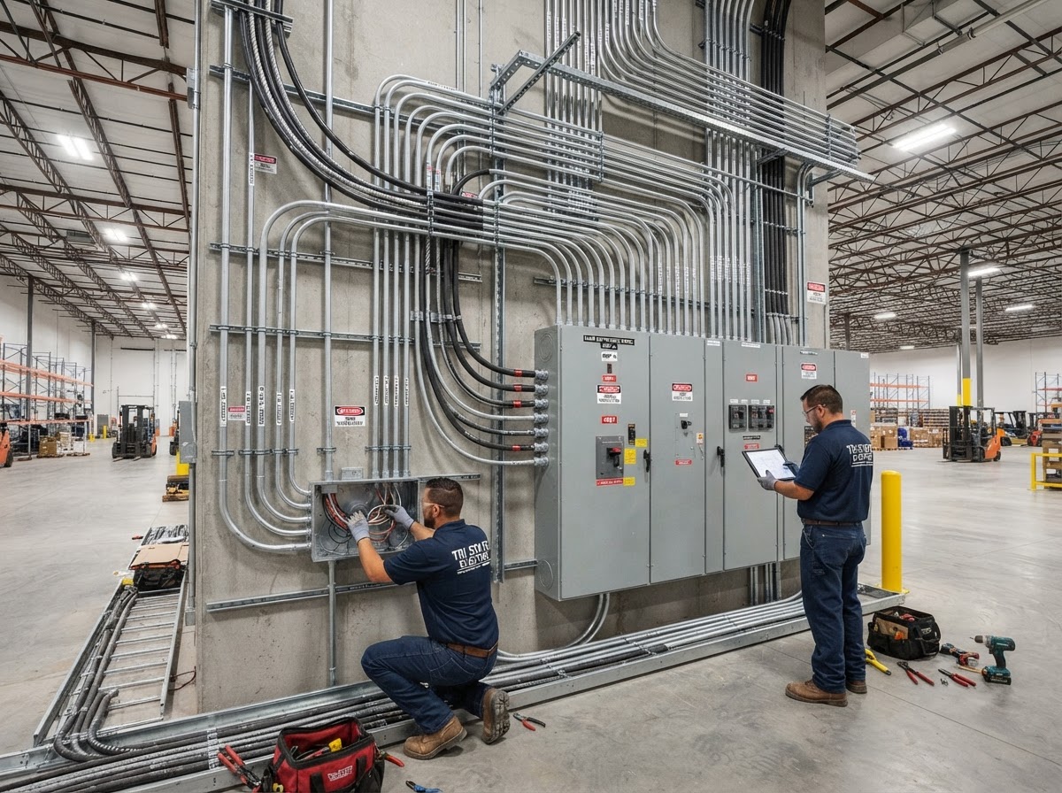Industrial warehouse electrical installation with conduit runs
