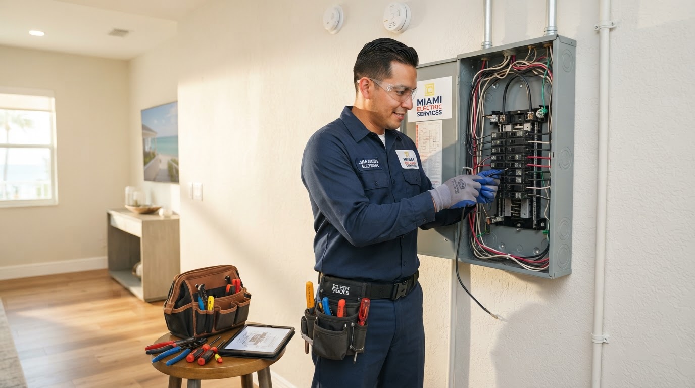 Professional electrician working on a residential electrical panel in Miami
