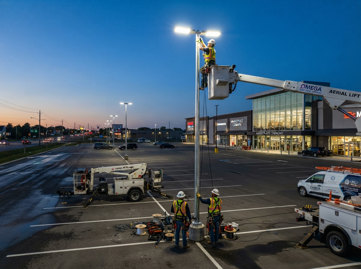 Parking lot lighting installation at a commercial property
