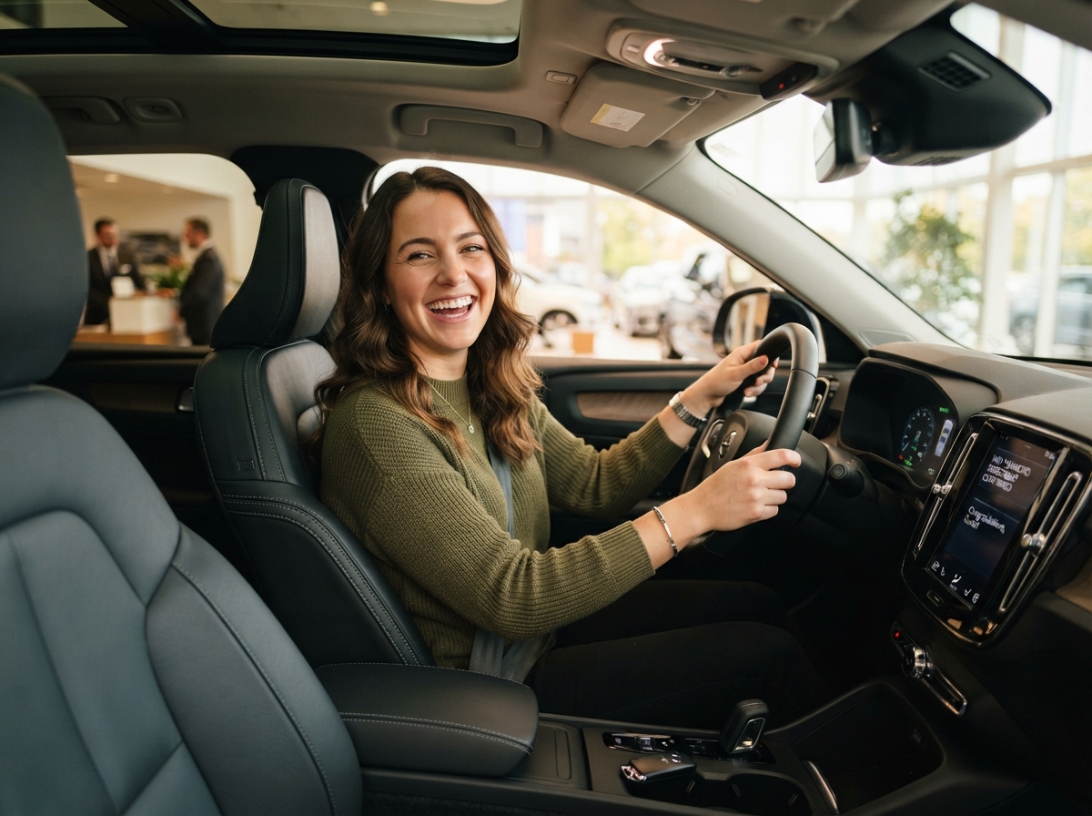 Happy woman in a newly financed car