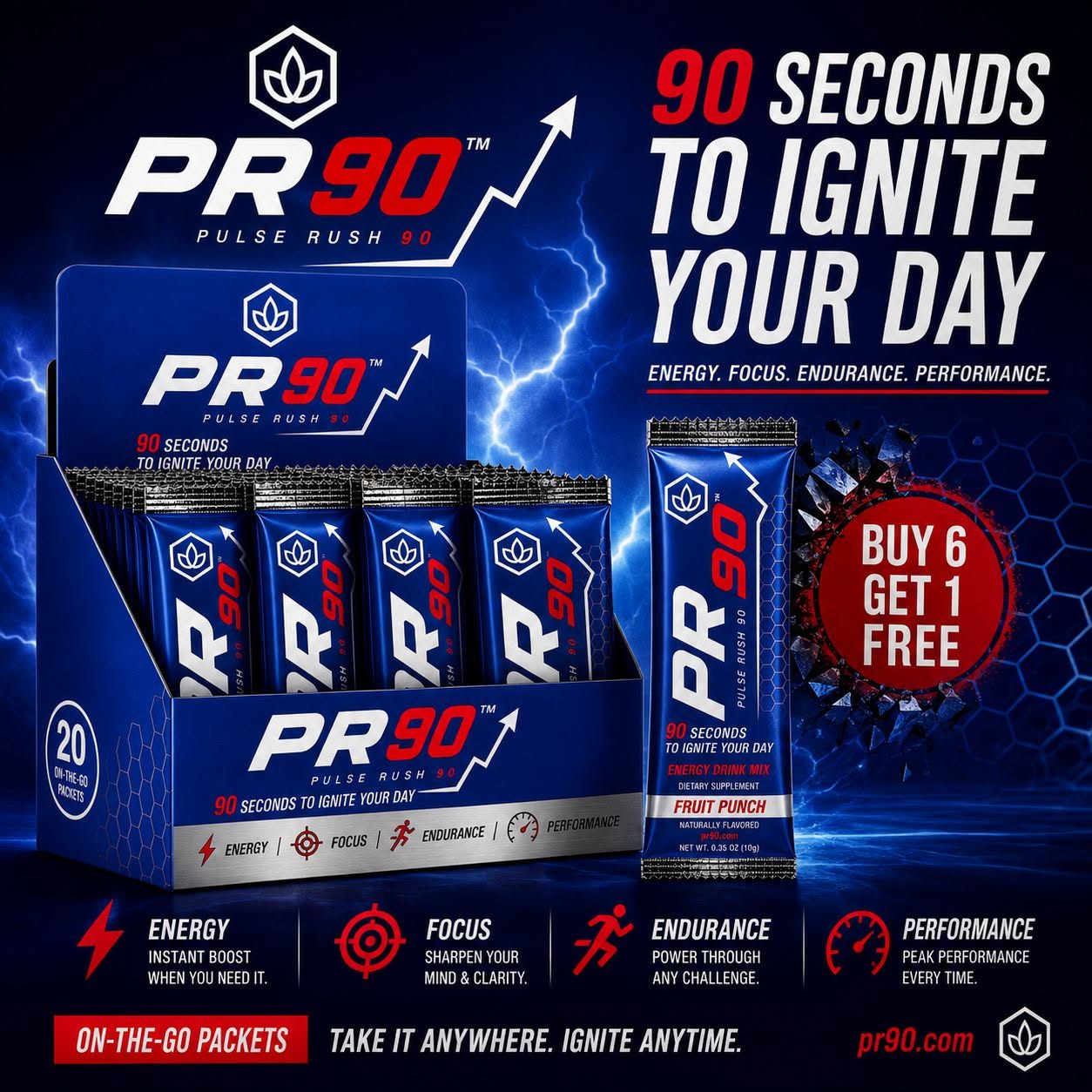 PR90 Pulse Rush Energy Drink Mix Packets Box and Stick Packs