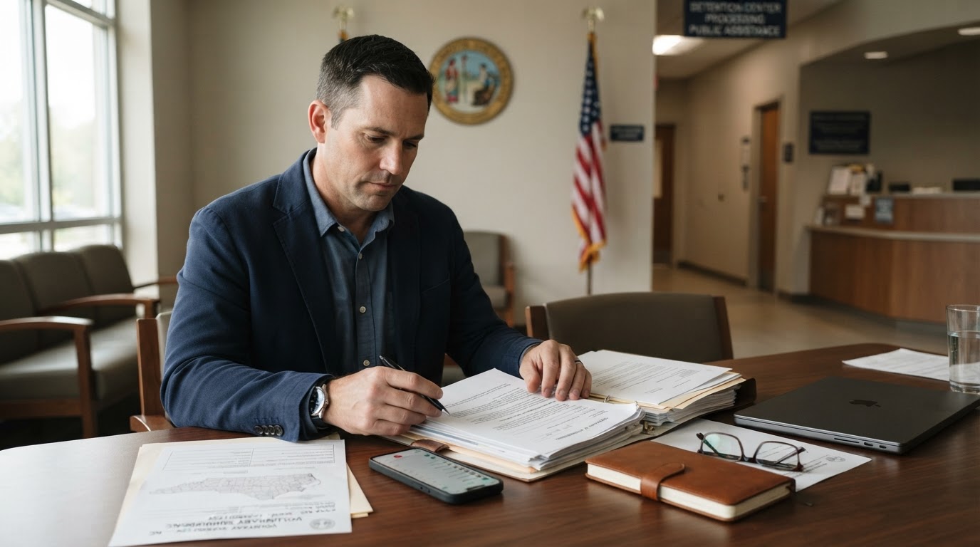 Person calmly reviewing paperwork and contacts before turning themselves in at a North Carolina detention facility