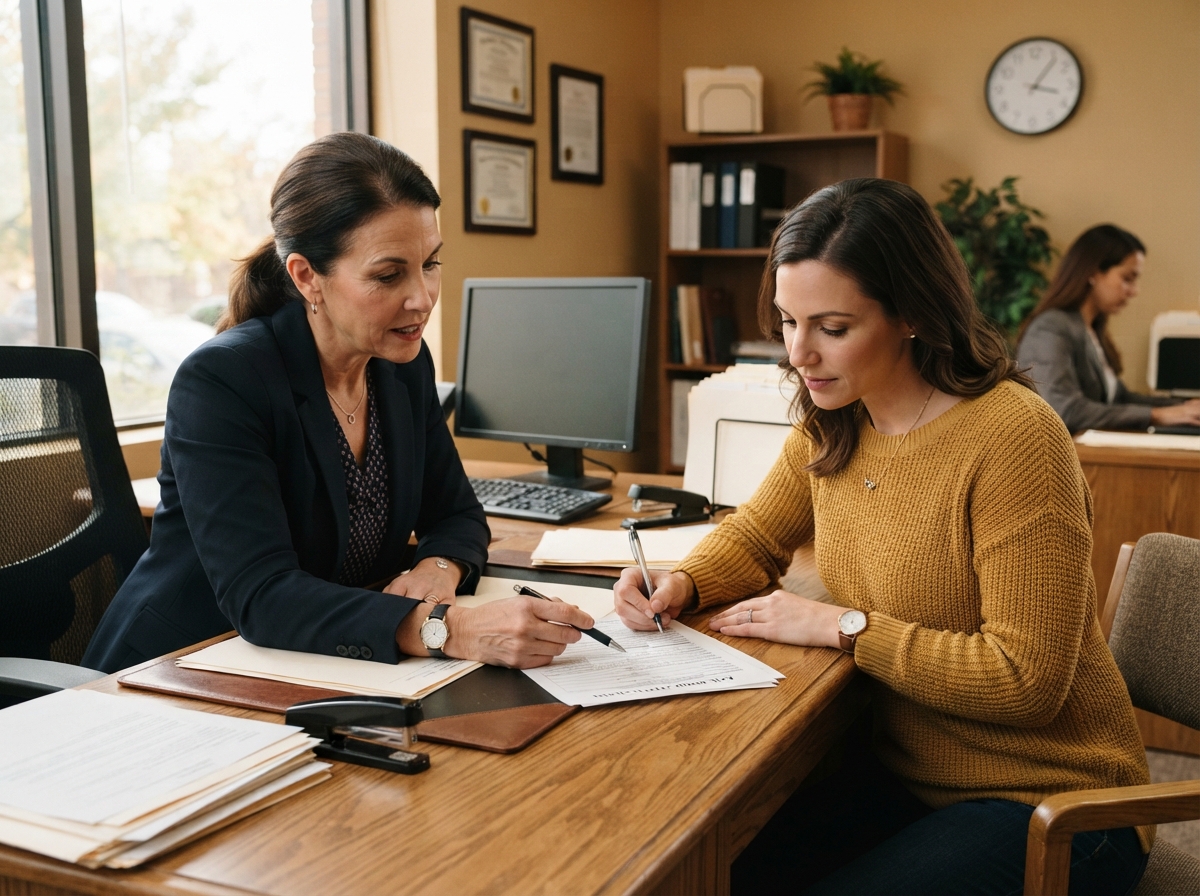 Bail bond agent assisting a family with paperwork in a professional office