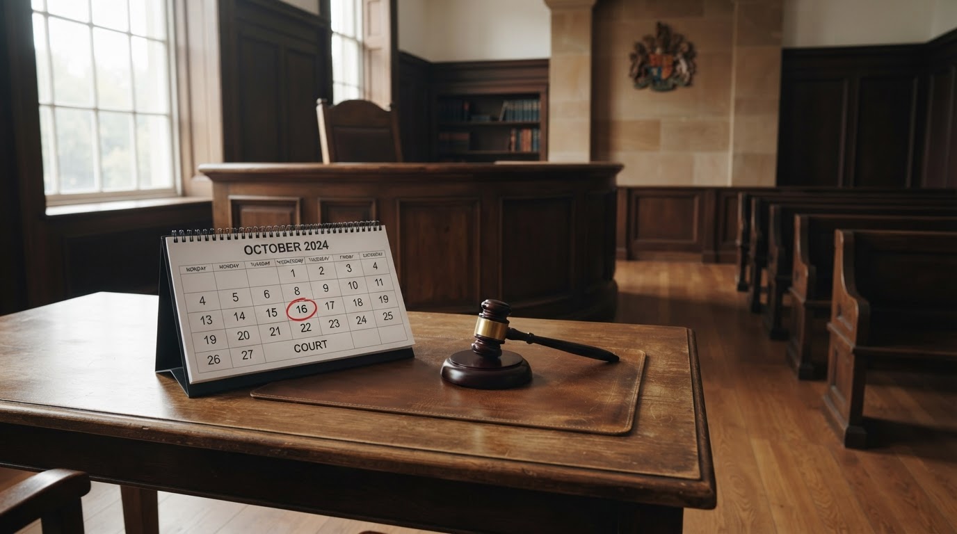 A quiet courtroom bench with a calendar showing a missed court date