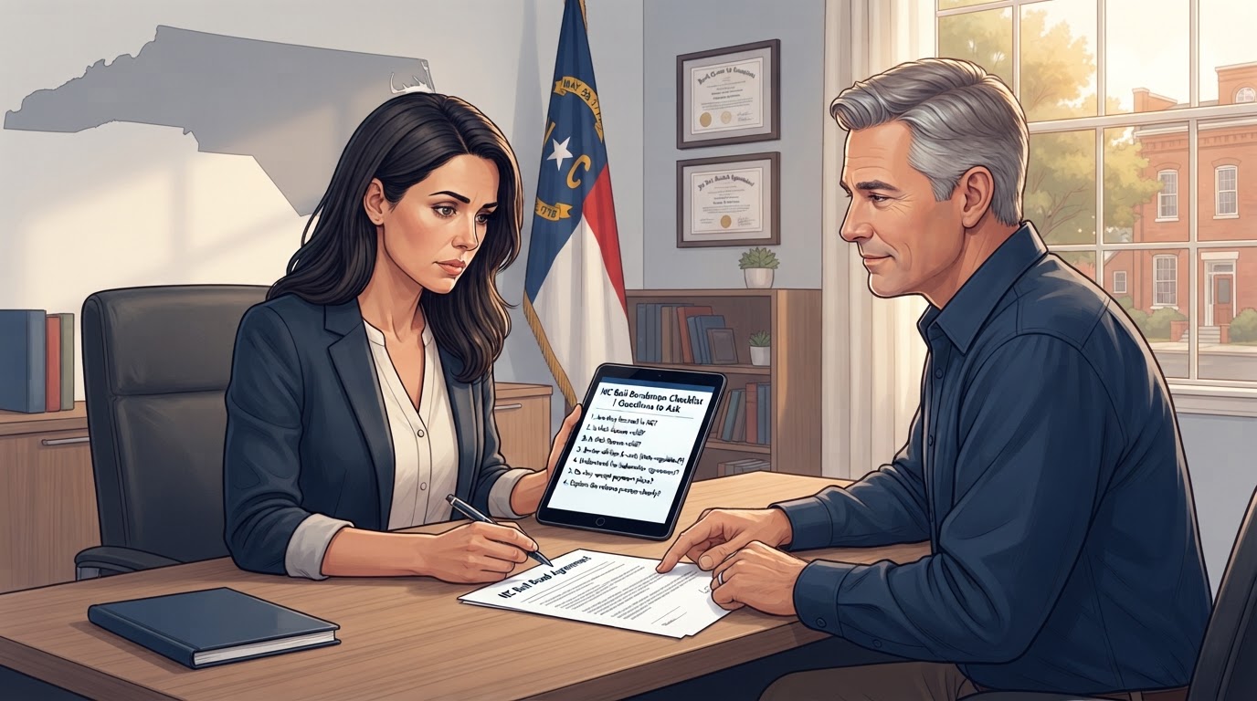 Familiar revisando una lista de preguntas antes de elegir un agente de fianzas en Carolina del Norte