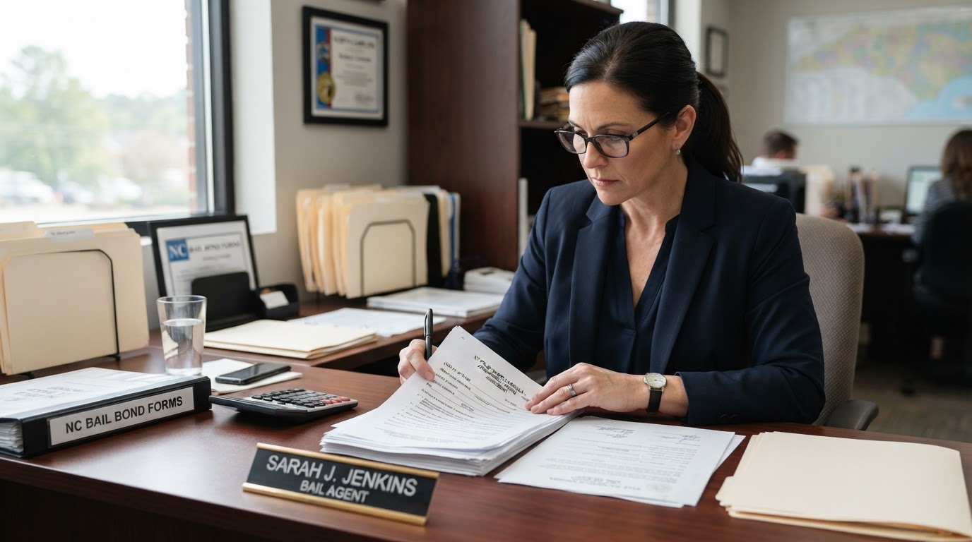 Persona revisando documentos e información de solicitud de fianza en Carolina del Norte