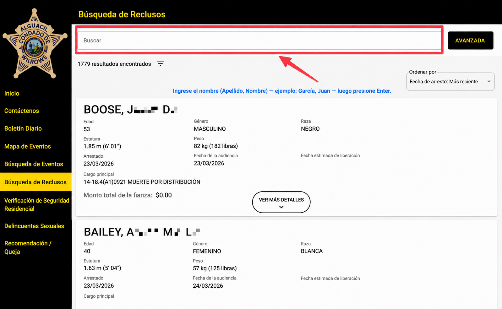 Pantalla de Búsqueda de Reclusos de Wake County mostrando el campo de búsqueda por nombre