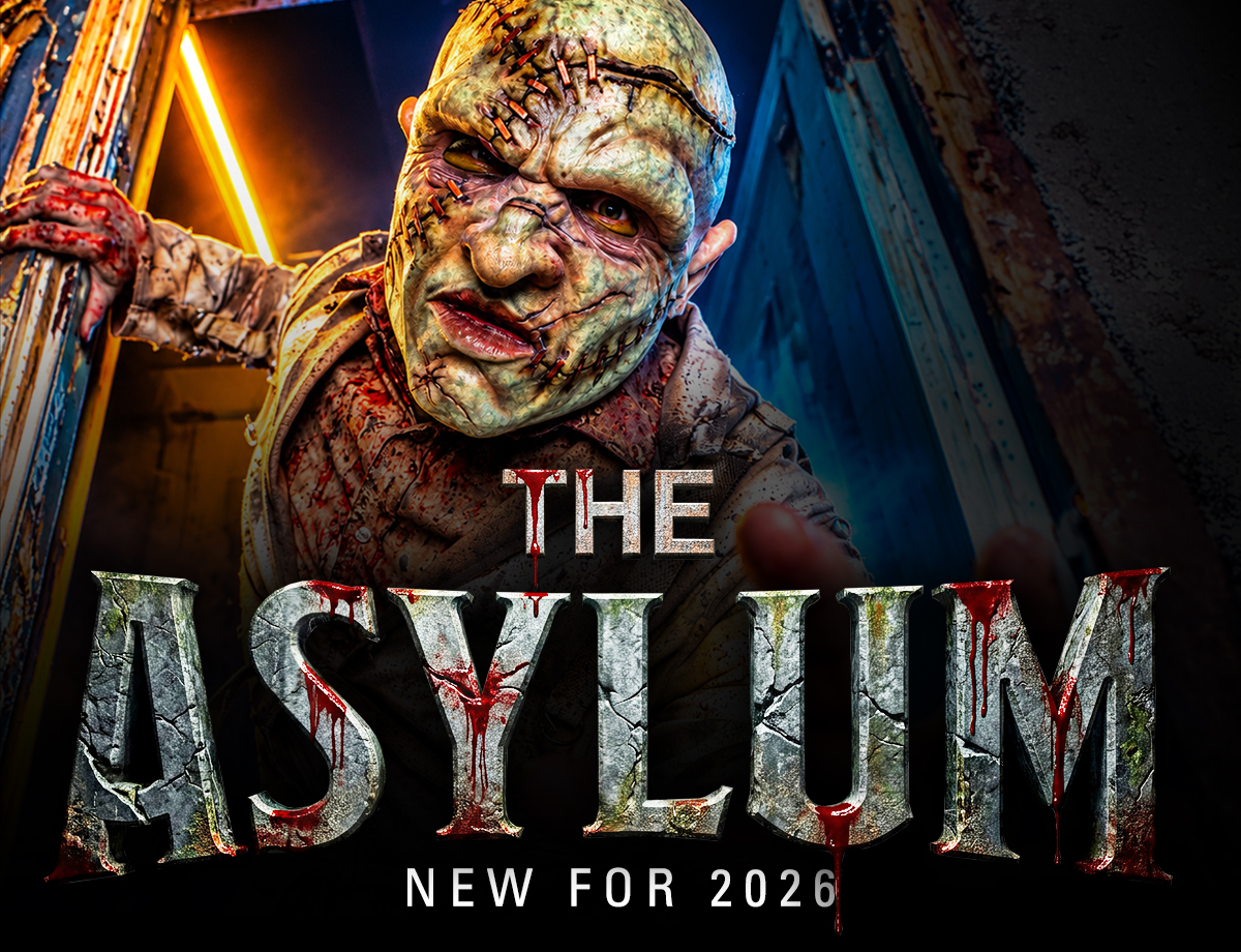The Asylum New for 2026 expansion — stitched patient character key art at Massacre Haunted House