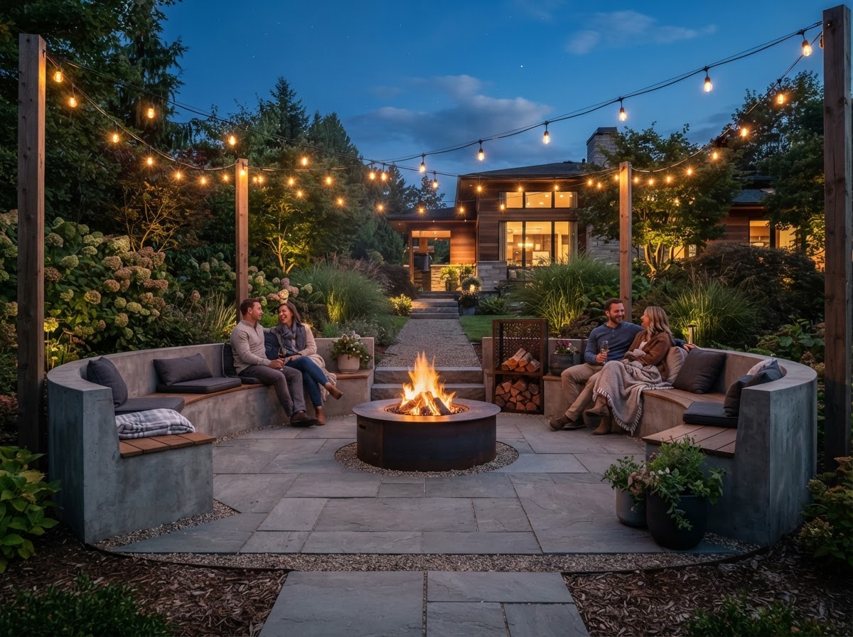 Stone fire pit with string lights at dusk