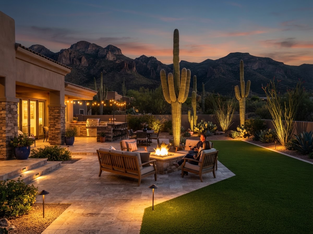Tucson paver patio with fire pit, artificial turf, and string lights at dusk with desert mountain backdrop