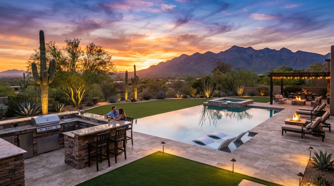 Luxury Tucson desert backyard oasis with infinity pool, pavers, outdoor kitchen, and landscape lighting at golden hour with Santa Catalina Mountain views
