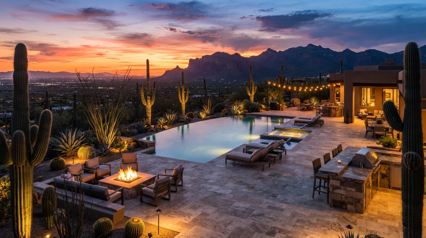 Luxury desert backyard oasis with infinity pool, pavers, and landscape lighting at sunset with Santa Catalina Mountain views