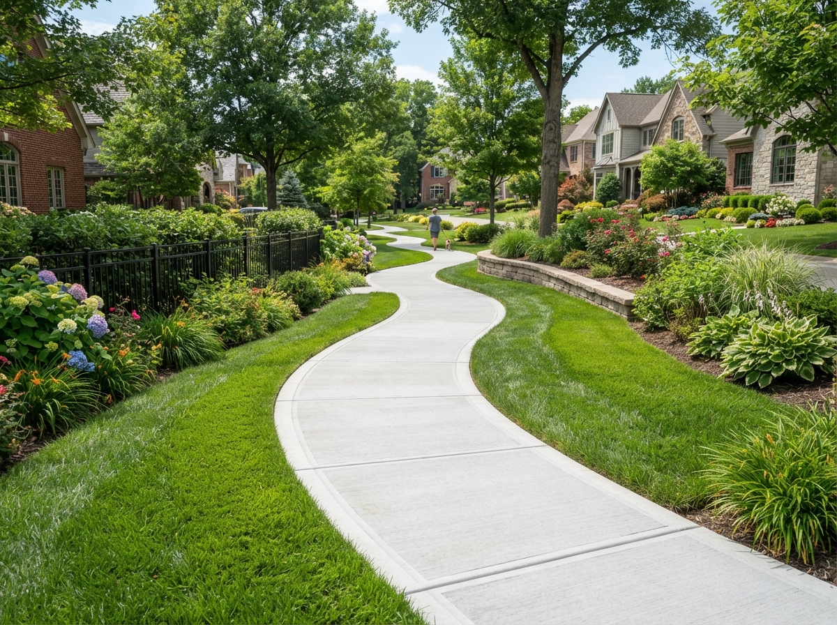 Concrete sidewalk and walkway through a landscaped yard