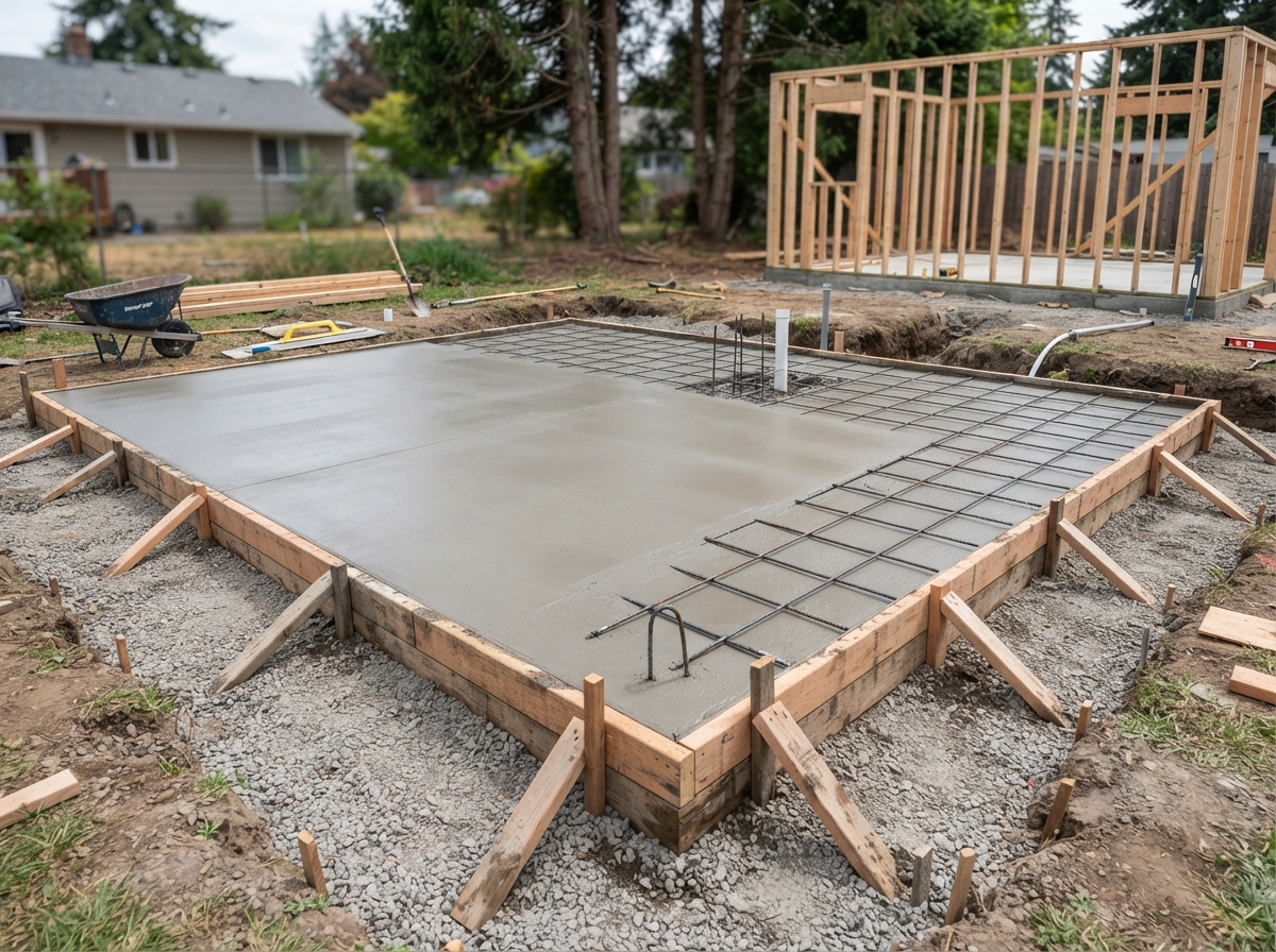 Freshly poured concrete slab for a shed foundation