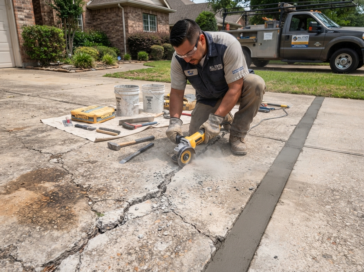 Concrete repair work on a cracked driveway section