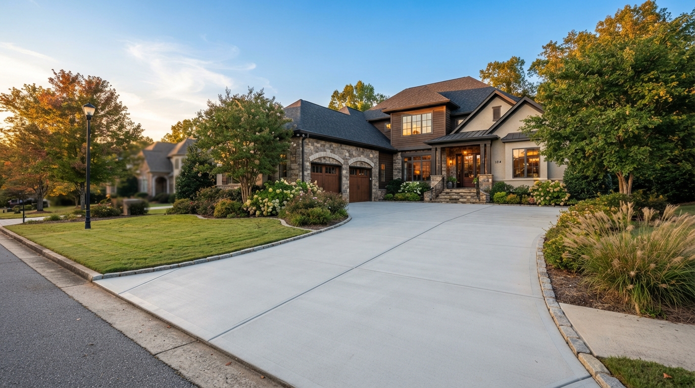 Freshly finished concrete driveway in front of a Greenville, SC home