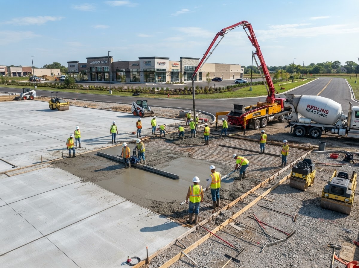 Commercial concrete parking lot and entrance being poured