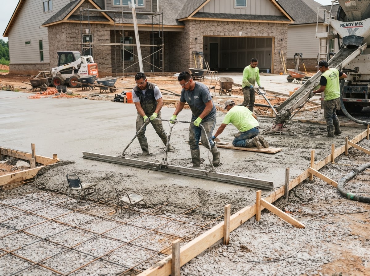 Schell Concrete crew pouring and finishing a concrete driveway
