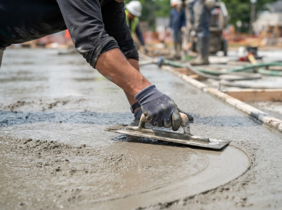 Concrete finisher troweling wet concrete