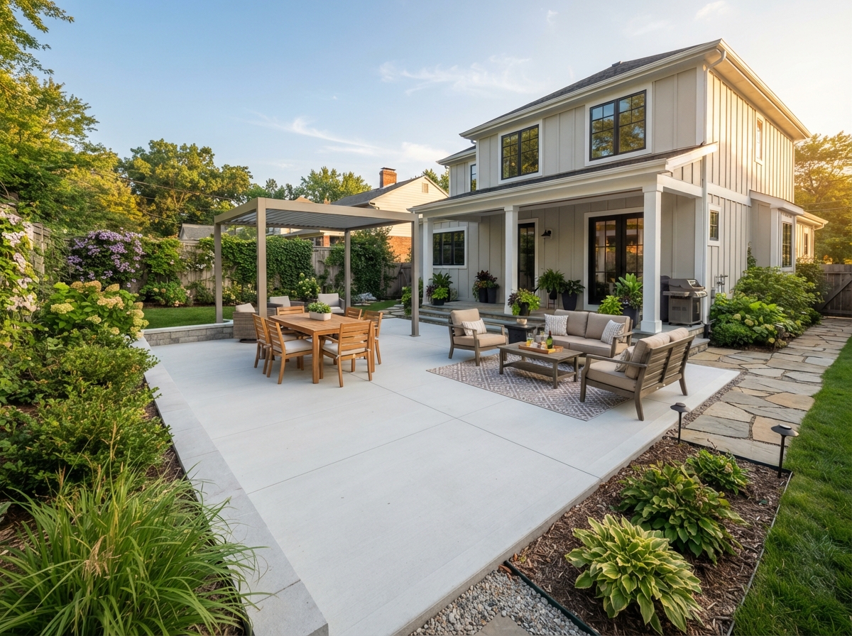 Finished concrete patio in a residential backyard