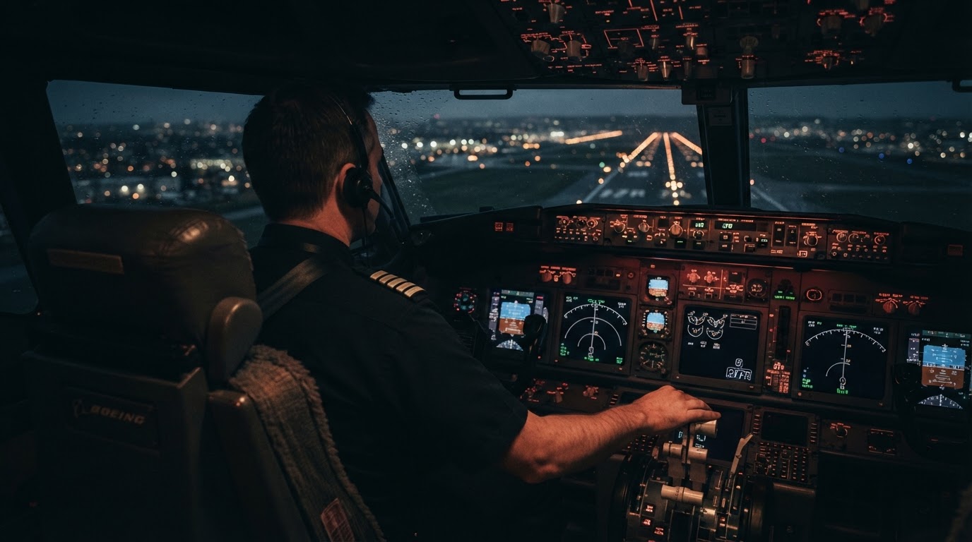 Airplane cockpit seen from behind the pilot
