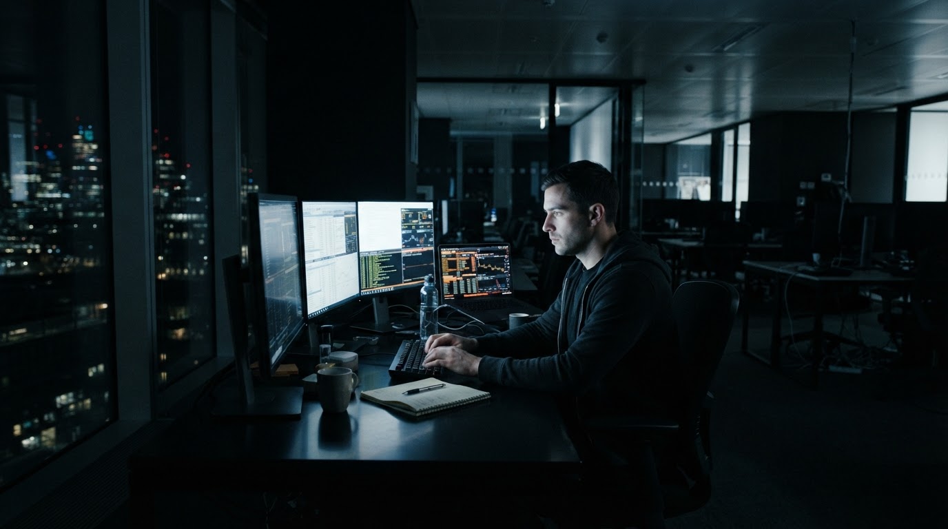 Entrepreneur alone at night in front of screens