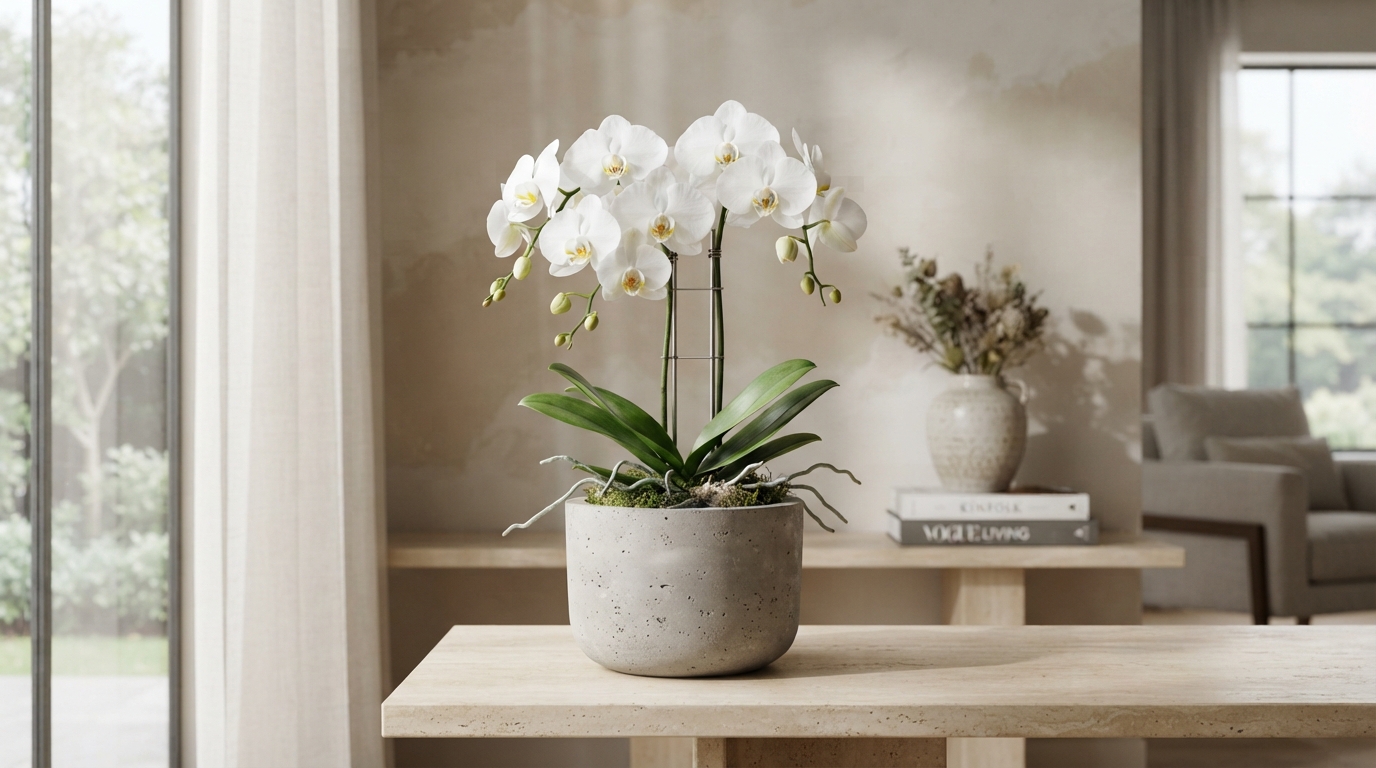 Matera de cemento con orquídea en interior sofisticado CMENTO