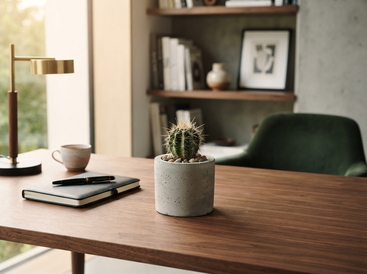 Matera de cemento con cactus en escritorio CMENTO