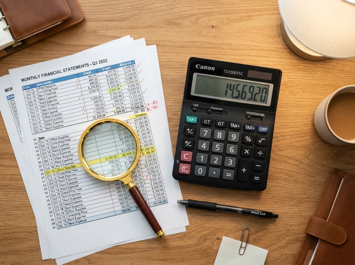 Magnifying glass over calculator and financial data sheet.