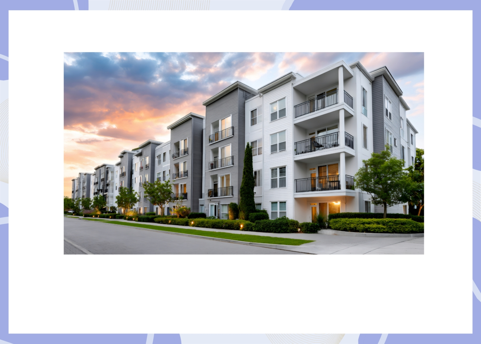 Modern residential apartment complex at sunset
