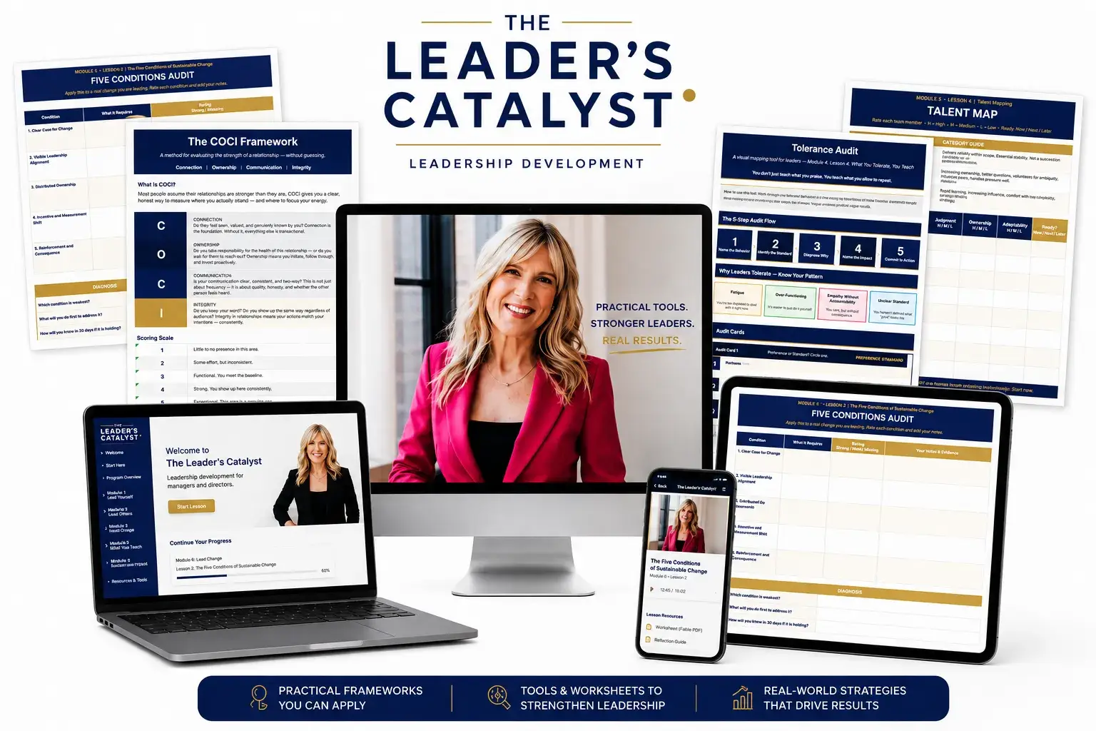 Leadership development worksheets, frameworks, and course materials