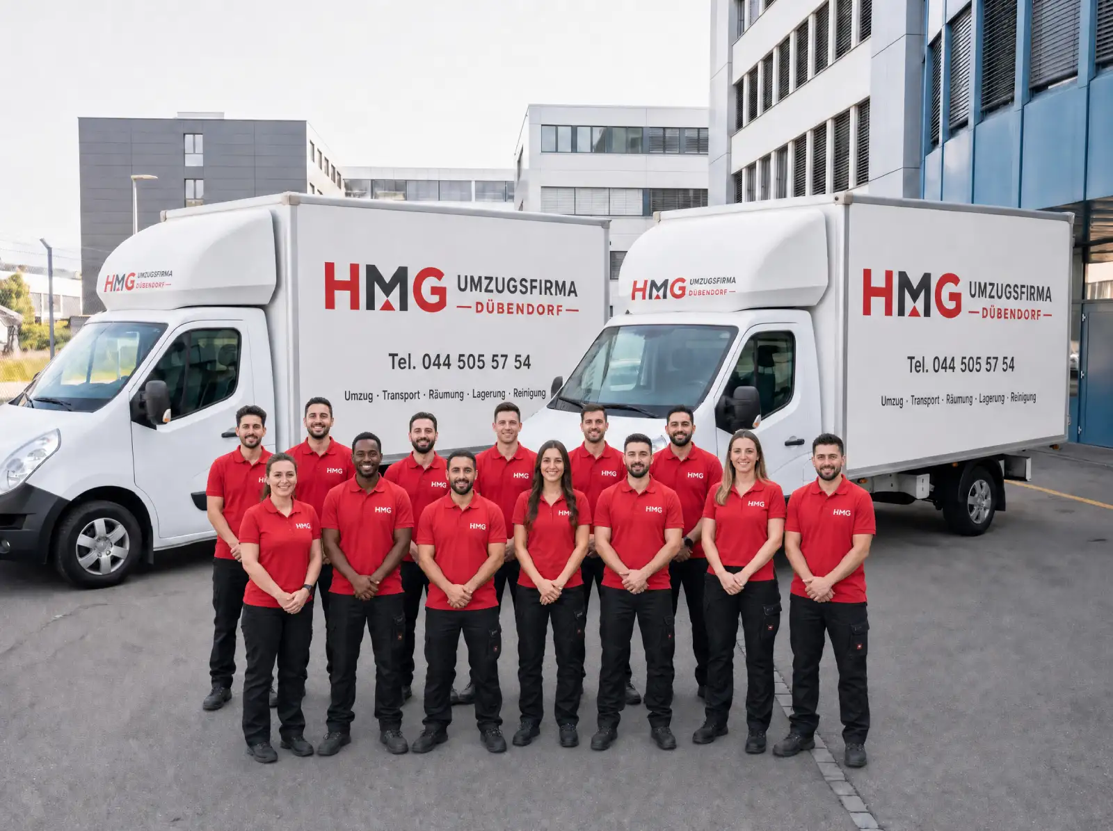Das HMG Team – fest angestellte Zügelprofis aus Dübendorf mit zwei LKWs