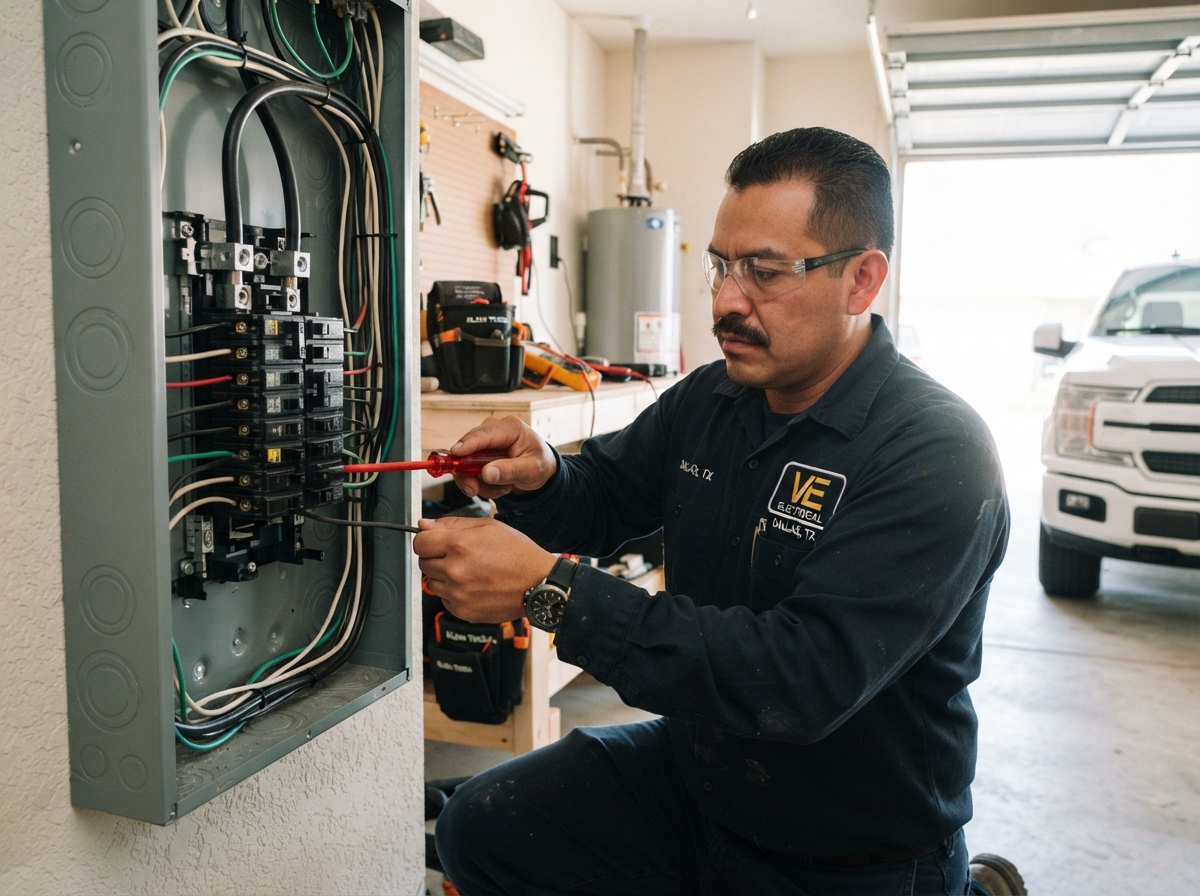 Mexican electrician in VE Electrical uniform upgrading 200 amp panel in Dallas home
