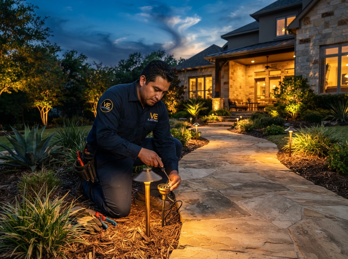 Mexican electrician in VE Electrical uniform installing landscape lighting at Dallas Texas home at dusk