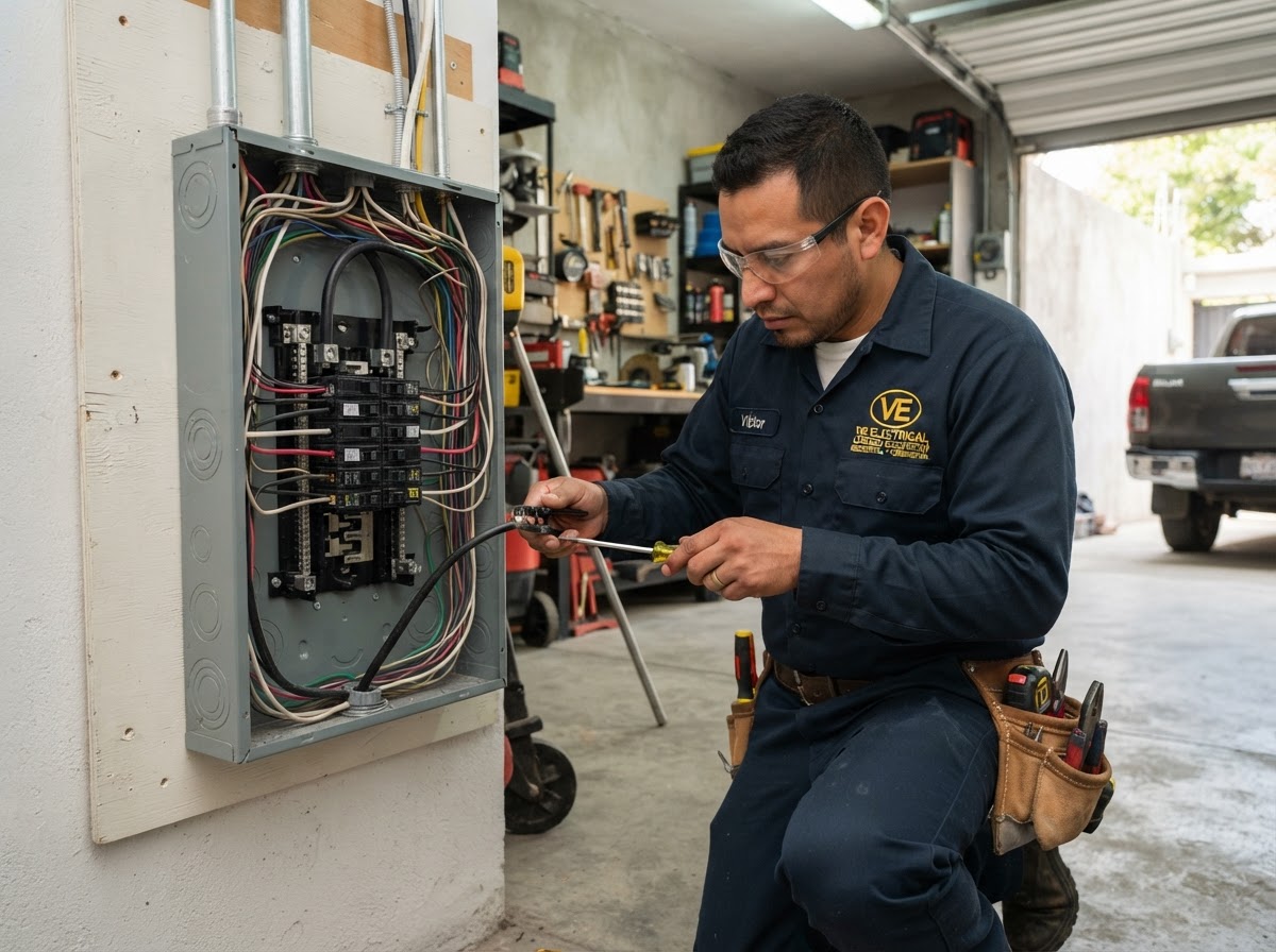 Mexican electrician in VE Electrical uniform installing 200 amp panel upgrade in Dallas Fort Worth home