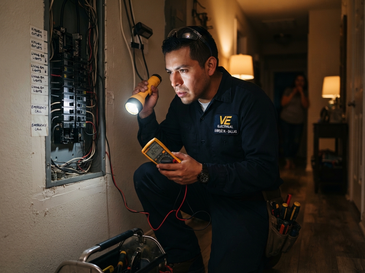 Mexican electrician in VE Electrical uniform responding to emergency electrical repair at night in DFW
